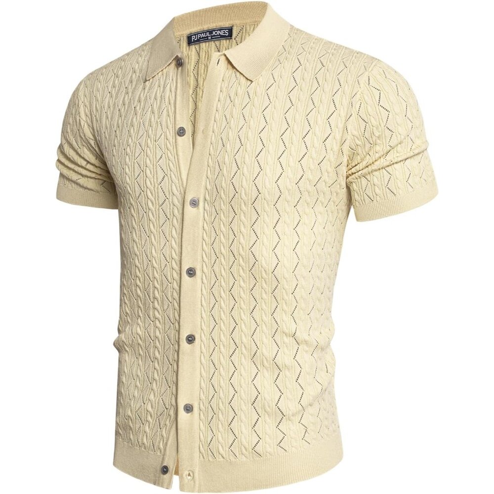 Men's Light Beige Polo Shirt Hollowed-Out Textured Casual Knitted Golf